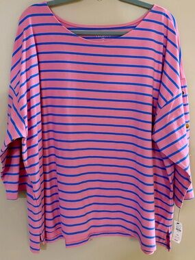 Talbots 3X Pink Top with Periwinkle Stripes and Decorative Gold Buttons, NWT